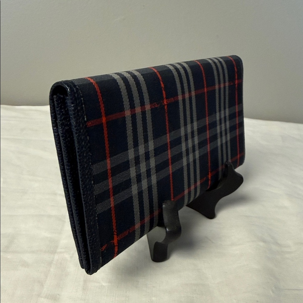 Vintage Burberry Nova Check Crest Long Wallet 90s Canvas Plaid Navy - Picture 5 of 9